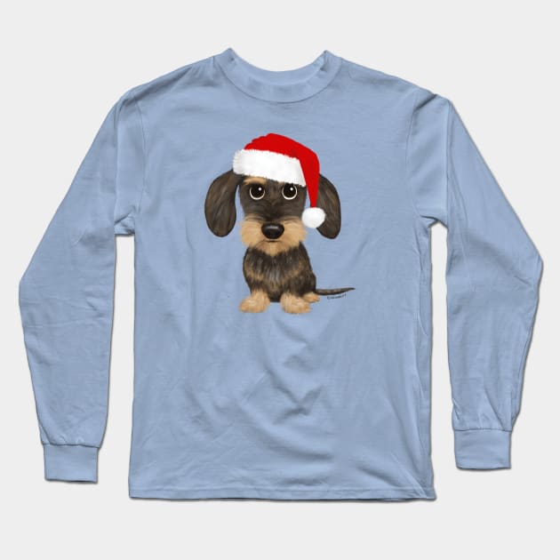 Wirehaired Dachshund with Santa Hat Cute Teckel Christmas Long Sleeve T-Shirt by Coffee Squirrel